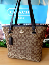 NEARLY NEW Coach Outlined Signature Jacquard & Leather Duffle Tote Shoulder Bag picture