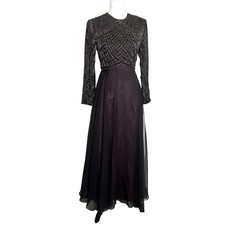 VTG 80s Jack Bryan Black Beaded Chiffon Evening Gown Art Deco Maxi Dress Small picture
