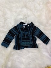 Child Mexican Baja Hoodie Pullover Sweater Black Blue Striped Jerga Size S picture