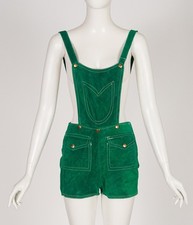 1970s Vintage Emerald Green Suede Overall Hot Pants Romper Sz XXS XS picture