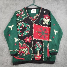 Vintage Christmas Ugly Sweater Womens Medium Hand Knitted Cardigan Oversized 90s picture