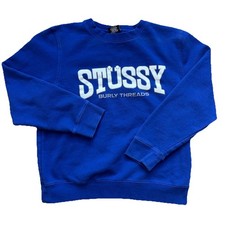 Stussy Burly Threads Crewneck Sweatshirt Mens XS/S Blue Arch Logo USA 20.5x23 picture