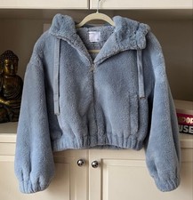 Bershka Womens Small Dusty Blue Faux Fur Cropped Hooded Jacket Plush Y2K NWOT picture