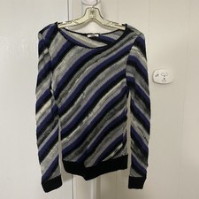 Caslon Women’s Sz S Blue Diagonal Striped Wool Blend Boat Neck Pullover Sweater picture