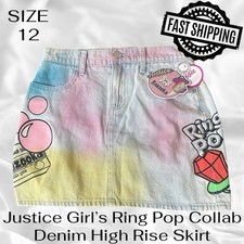 Justice Girls Ring Pop Collab Denim Skirt Size 12 High Rise Skirt FAST SHIPPING picture