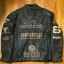 NFR Roper Men's Black Leather Jacket Full Zip Embroidered Logo Band Collar XL picture
