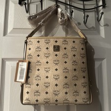 NWT MCM EATA03 IG001 AREN LOGO Neutral Black MESSENGER HANDBAG $730 picture