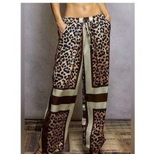 POL Leopard Print Satin Wide Leg Pants Brown Cream High Rise Small picture