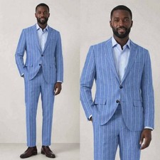 Blue Striped Linen Men's Suits Wedding Groom Tuxedos Casual Outdoor Blazer Pant picture