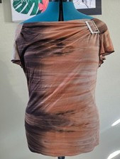 Vintage Y2K Ombre Asymmetric Boatneck Top – Brown Terracotta Mesh Buckle Blouse picture