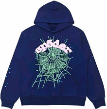 sp5der Men’s Blue Pullover Hoodie Graphic Print Cotton Long Sleeve Size M picture