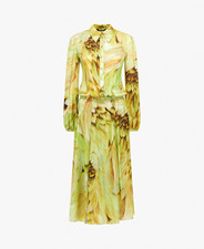 Roberto Cavalli Abstract Green/Yellow Silk Satin Midi Shirt Dress IT 48 Belted picture