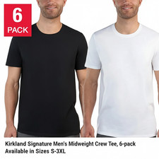 Kirkland Signature Men's Midweight Crew Tee, 6-pack 100% Cotton White Black S-3X picture