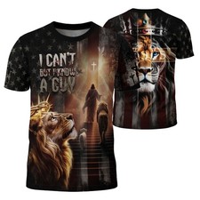 I Can't But I Know a Guy Lion and Cross American Flag Christian T-Shirt S-5XL picture