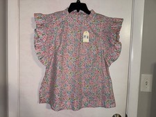 NWT Jodifl Size Large Peony Colorful Floral Flutter Sleeve Blouse Top Pink Blue picture