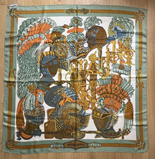HERMES Armets en Panache Silk Scarf 90 Vintage Green Armor Helmut Carre picture