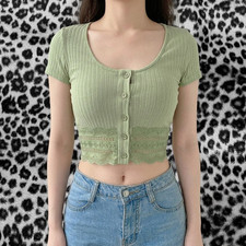 Y2K Sage green ribbed button-front cardigan top picture