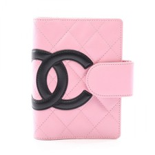 CHANEL Cambon line Notebook Planner Cover Lamb leather Pink Black SHW Used Women picture