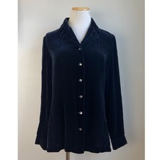 Vintage Midnight Blue Crushed Velvet Blouse Size Medium 10 Petite 90s Shirt Top picture