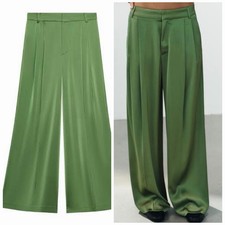 Zara Satin Effect Slouchy Green Pleated Modern Minimalist Trousers Size XS NWT* picture
