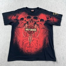 Harley Davidson Shirt Men Medium Black Red AOP Skull VTG Y2K Tattoo 2000s Grunge picture