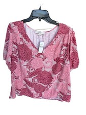 NEW Loft Floral Bubble Sleeve Mixed Media Blouse Women's Sz Large V-Neck picture