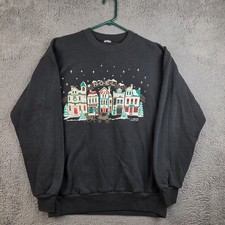 Vintage Christmas Sweater Women's Medium Holiday Winter Trees Black Sweatshirt picture