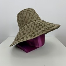 Ladies Gucci GG Monogram Canvas Jacquard Big Bucket Hat Wide Brim Beige Size S picture