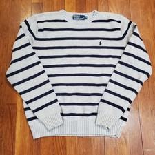 Polo By Ralph Lauren Sweater Mens XL Gray Stripe Cotton Crewneck Knit Pullover picture
