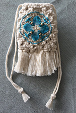 Handmade macrame Drawstring Pouch Bag, Beaded Fringe and ñanduti design picture