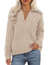 PRETTYGARDEN Women's Fall Cable Knit Oversized Sweaters 2025 Polo V Neck Long M picture