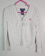 Polo Ralph Lauren Girls Cable Knit Bow Cardigan White M 8-10 Cotton picture