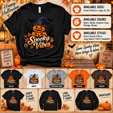 Spooky Vibes Halloween Pumpkin Witch Hat Graphic T Shirt Black Unisex S picture