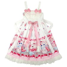 Kawaii Pink Kitty Print Lolita JSK Dress with Lace Hem Bow Sweet Short Sleeve picture