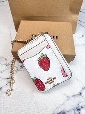 NWT Coach CAR32 Zip Card Case With Strawberry Print NWT Chalk Multi With Box picture