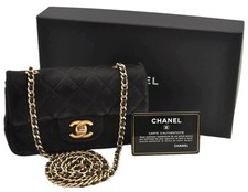 Authentic CHANEL Satin Matelasse Chain Shoulder Cross Bag Black CC Box AC470 picture