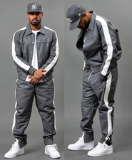 Men's Handmade Genuine Lambskin Leather Jogging Tracksuit SweatSuit Gray/White picture