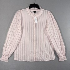 Ann Taylor Blouse Womens Medium Tall Pink Pinstripe Ruffle Long Sleeve Sheer NWT picture