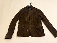 ALLSAINTS Men's Brown Suede Leather Button Front Jacket Band Collar Pockets S picture
