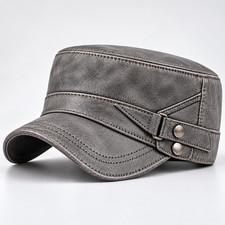Men's Cowhide Leather Cadet Cap Military Hat Flat Top Grey Studded Vintage picture