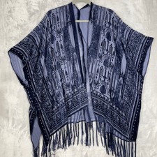 Lovestitch Womens Kimono OS Blue Burnout Velvet Fringe Wrap Festival Ethereal picture
