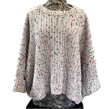 POL Oversized Chenille Sweater IVORY w/RAINBOW CONFETTI SPECKLE POM-POMS sz M picture