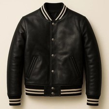 Men's New Collection Black Leather Varsity Jacket - Black Varsity Bomber Jacket picture