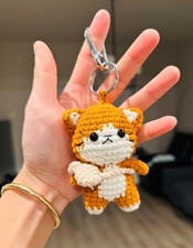 Handmade Crochet Ginger Cat Keychain – Tabby Cat with Fish Charm – Funny Bag. picture