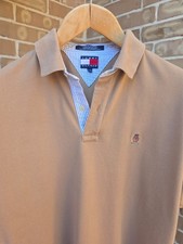 Vintage Tommy Hilfiger Polo Shirt Mens Large Tan Brown Crest Logo 90s picture