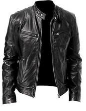 Men's Black Leather Biker Jacket-  Cafe Racer Motorcycle Zip Up Jacket picture