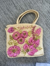 Vintage 60s/70s Handmade Raffia Straw Floral Tote Bag – Pink & Olive 3D Flowers picture