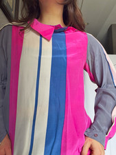 The Silk Farm Vintage 80s Blouse 6 100% Silk Pink Blue Stripe Made in Korea picture
