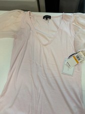 STATE Women's Pink Ribbed V Neck Top Sheer Puff Sleeve Blouse Size Small NWT picture