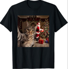 Christmas Cat Selfie with Santa Claus Cute Holiday Photo T-Shirt picture